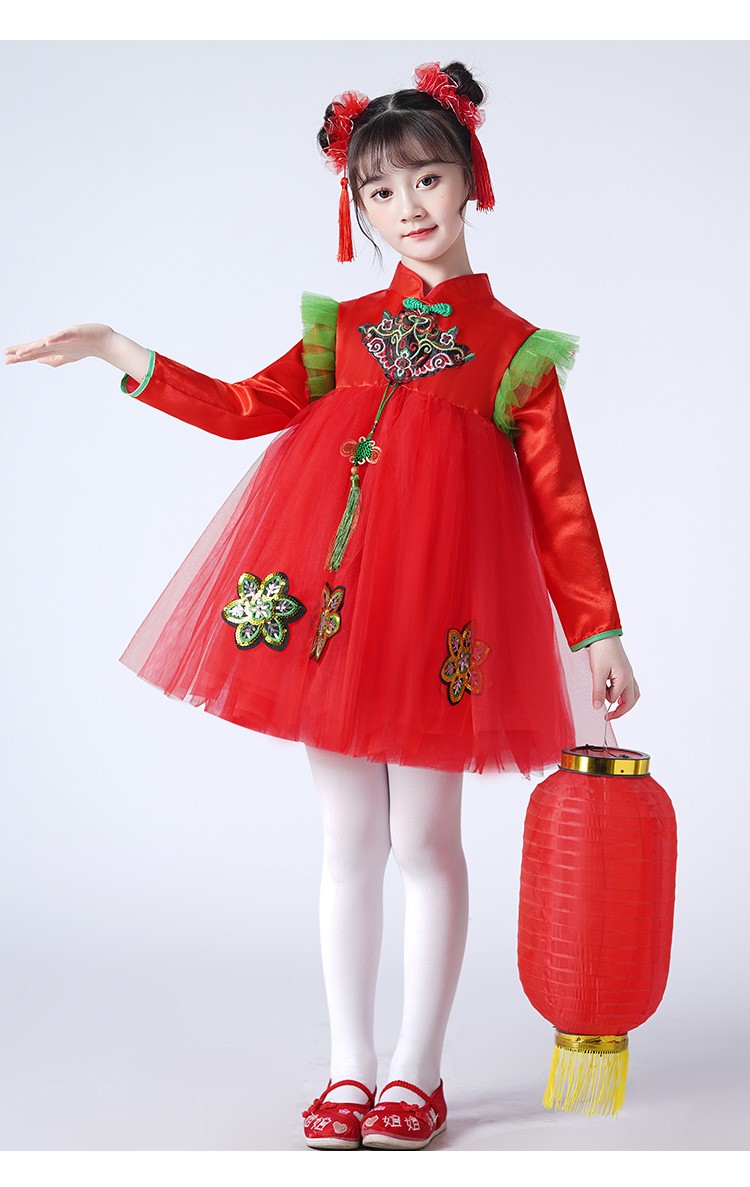 六一儿童说唱中国红女童喜庆演出服幼儿园学生舞蹈蓬蓬纱裙表演服无袖