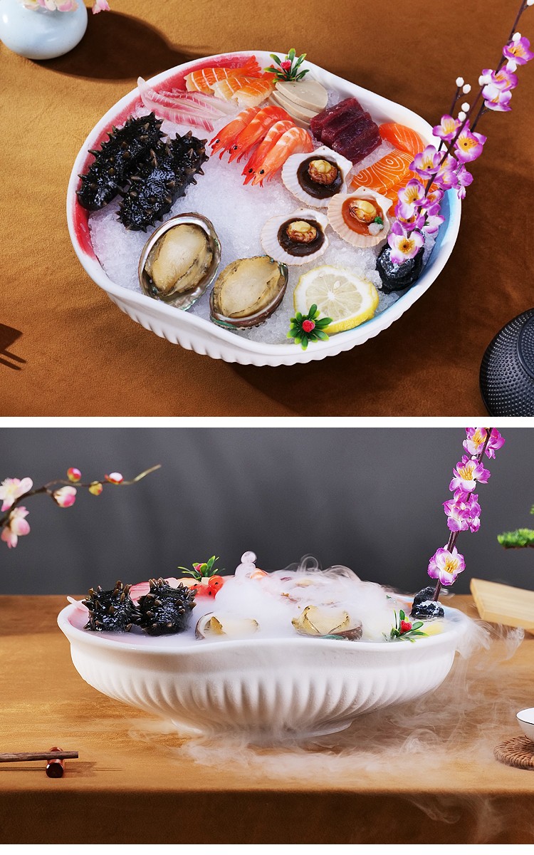 高端刺身盘冰盘大三文鱼摆盘盘子鱼生专用盘海鲜拼盘干冰餐具商用圆形