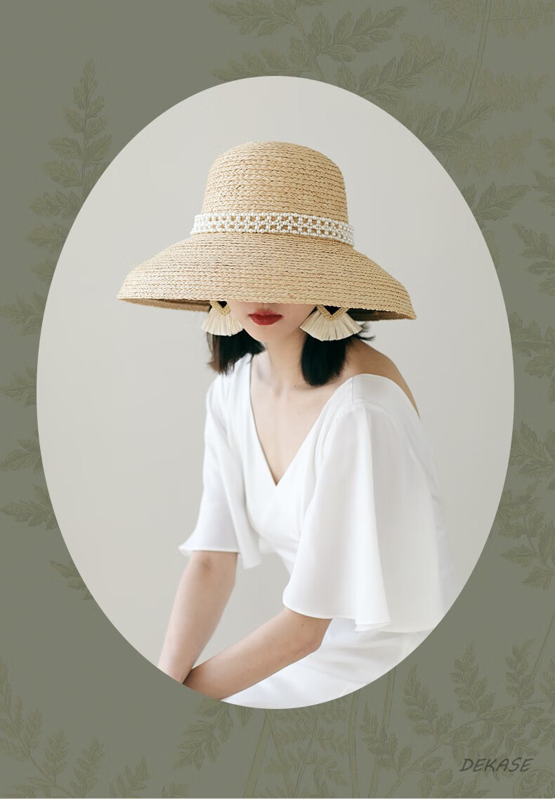 杜卡西品牌女装赫本风复古法式珍珠拉菲草帽海边度假沙滩帽ins大檐