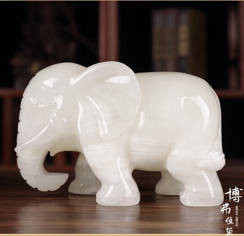 博弗恒玺 天然玉石大象摆件一对白玉象玉雕工艺品吸水大象电视柜客厅