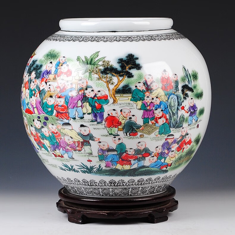 明班景德镇陶瓷花器仿古百子图花瓶中式客厅家居装饰工艺摆件结婚礼物