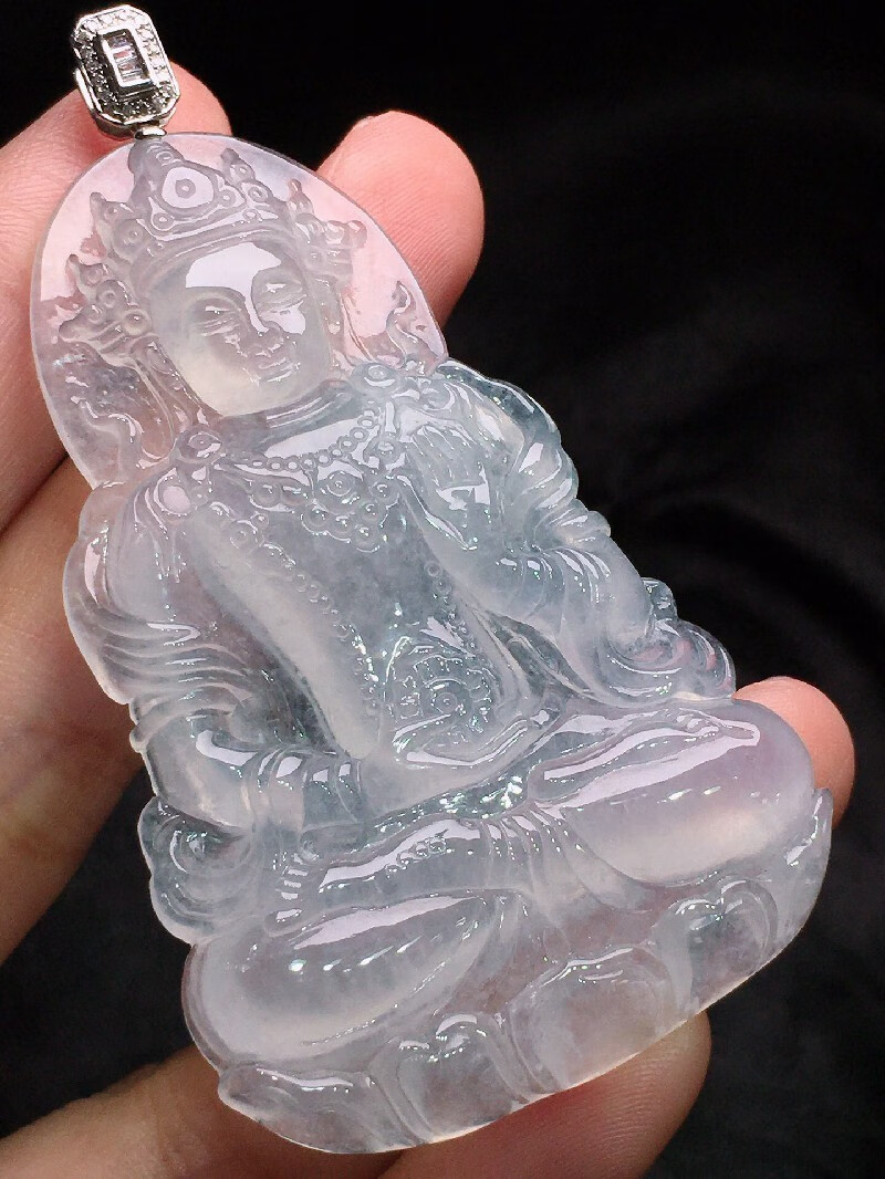 绿翠天成 翡翠高冰种白冰度母吊坠 缅甸a货翡翠玉石18k金镶嵌珠宝女款