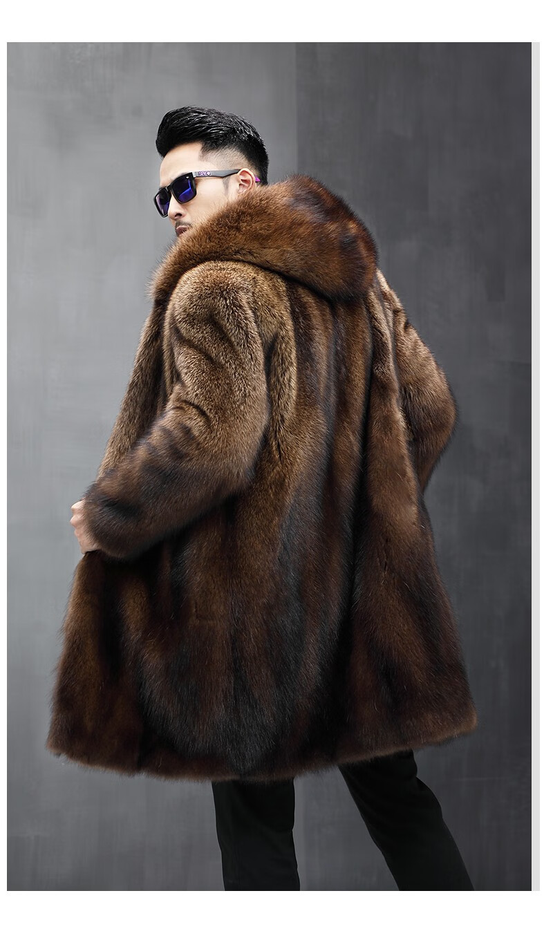 恒源祥2022新款北美进口渔貂皮草外套男貂皮大衣男整貂潮中长款连帽
