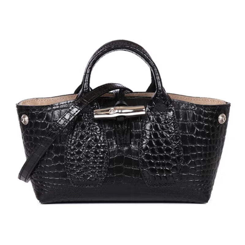 longchamp珑骧饺子包奢侈品女士roseau系列小号黑色小牛皮鳄鱼纹手提