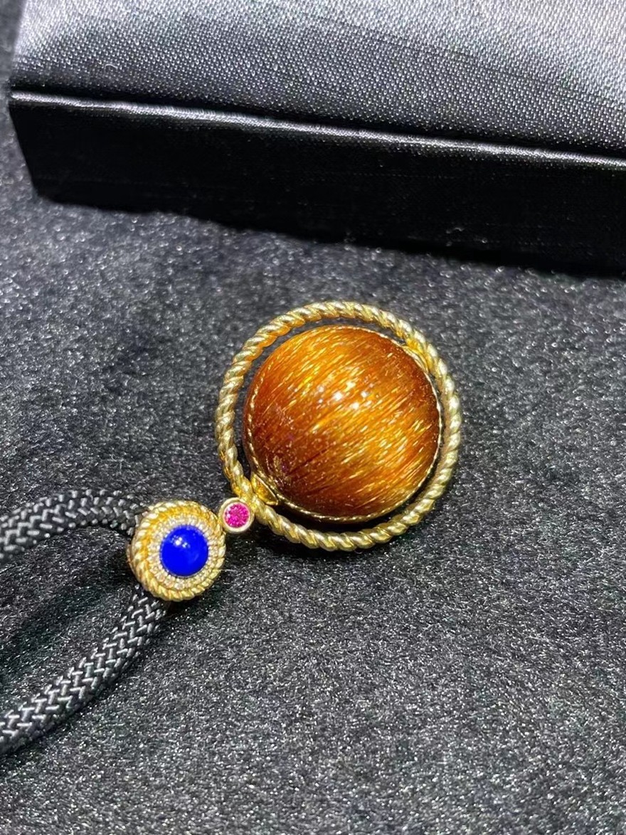 诺源珠宝天然巴西老矿铜顺发晶猫眼好运珠吊坠18k男女金款晶体通透