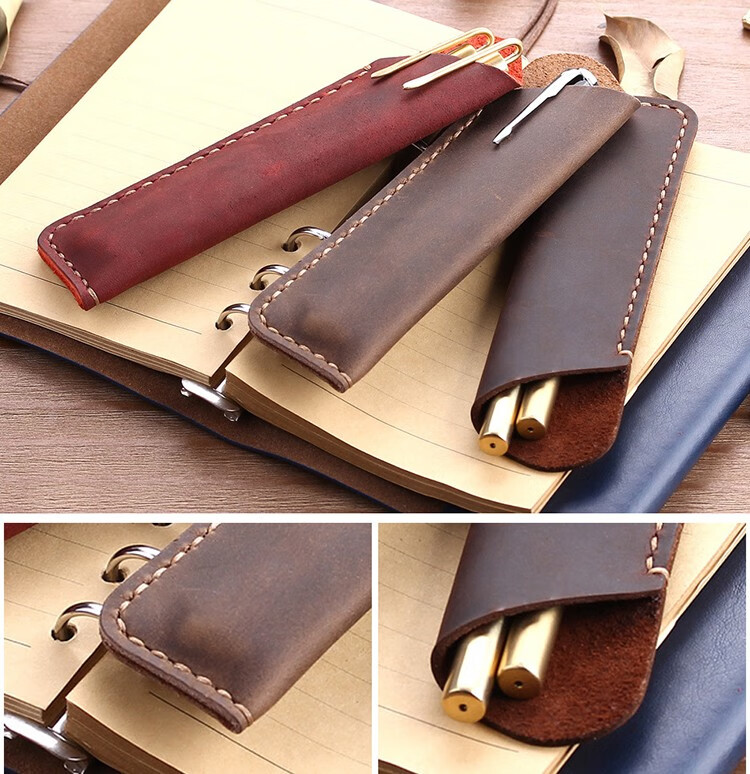 左一仁笔套复古笔套手工缝制牛皮笔袋创意钢笔签字笔保护套咖啡色