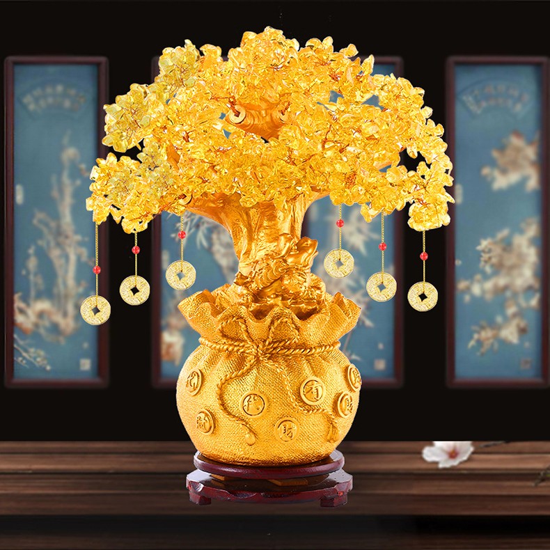 木丁丁发财树招财摆件桌面小号黄水晶带底座铜钱串摇钱树摆件装饰品
