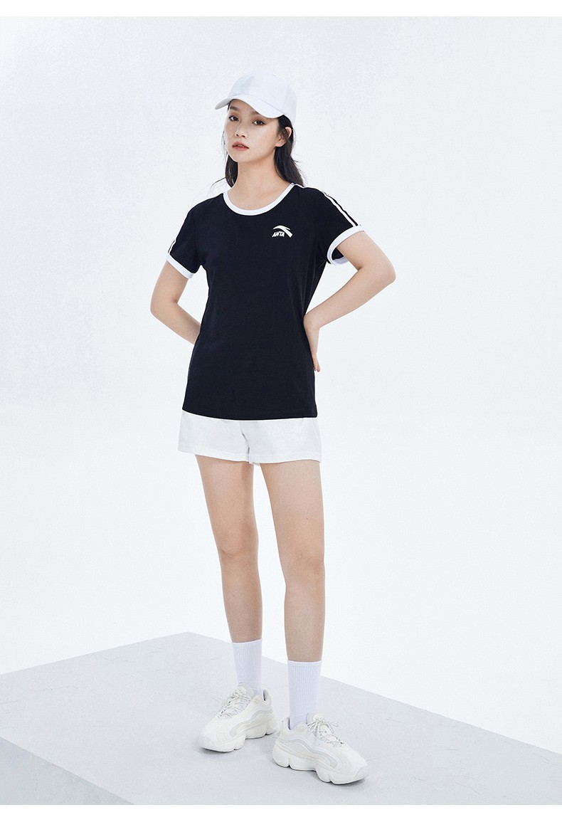 安踏女装短袖t恤女夏季运动圆领条纹字母透气易干薄款女士休闲短袖