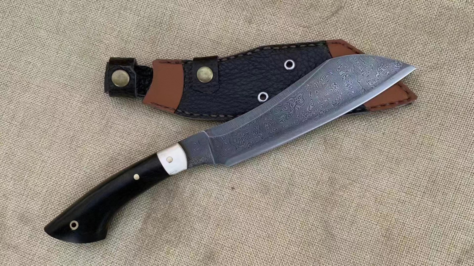 硕哥花纹钢直刀大马士革小刀碳钢小直刀野营用刀户外小刀黑檀木手柄