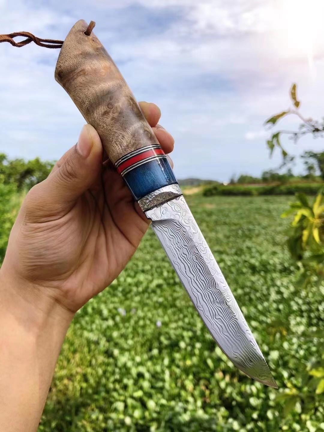 雨轩户外手工制作北欧直刀进口83层锻造大马士革钢刀牛骨染色红g10白