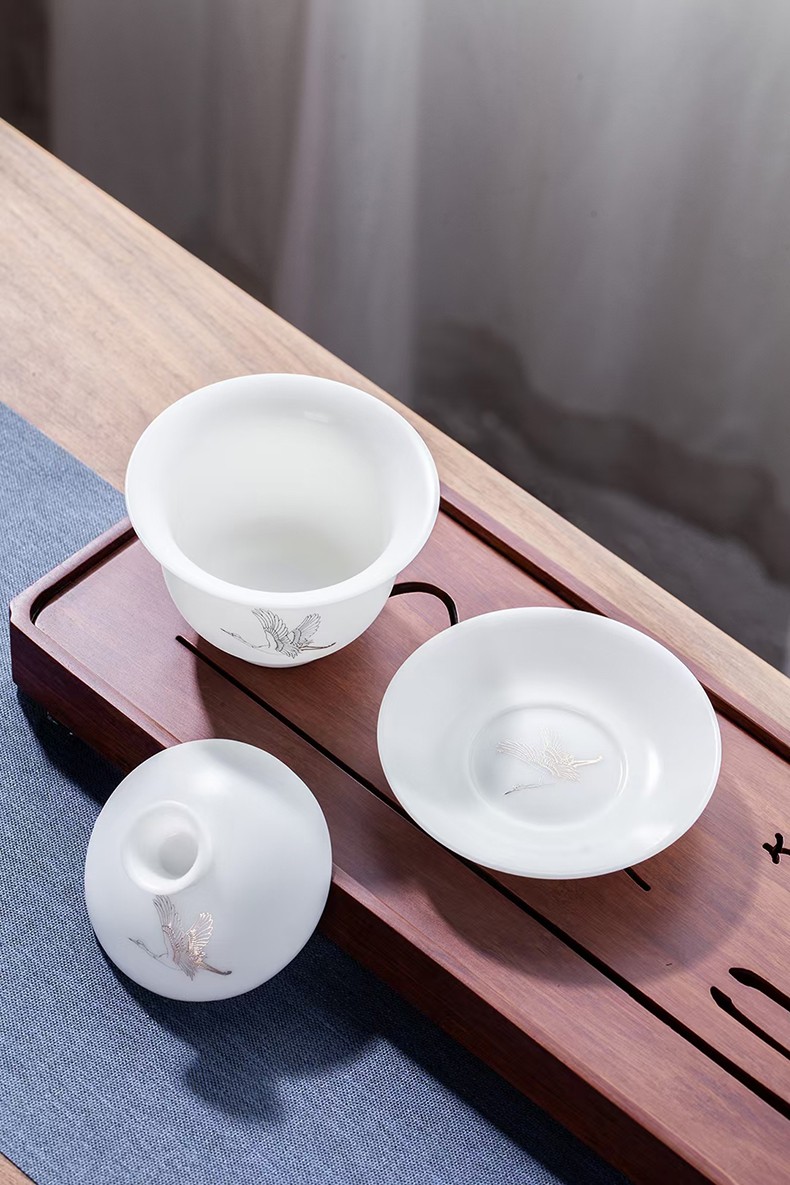 梵陶阁德化白瓷羊脂玉海纳百川描金鹤鸣九皋茶具套装家用素烧陶瓷功夫