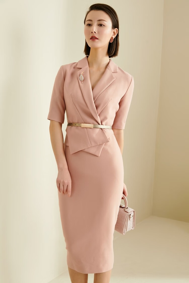 莱希亚高端品牌2022优雅气质修身职业ol通勤包臀裸粉色连衣裙女装新品