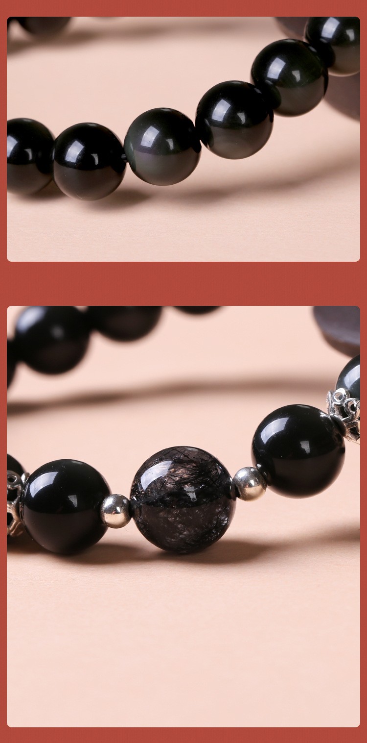 皇家天选520礼物天然黑曜石手链搭配黑发晶圆转运珠男女生款时尚清新