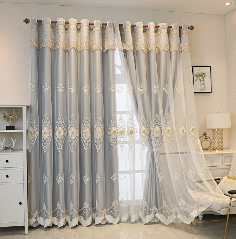 曼花闲遮光窗帘高档绣花浮雕双层大气窗帘成品欧式卧室客厅飘窗落地窗
