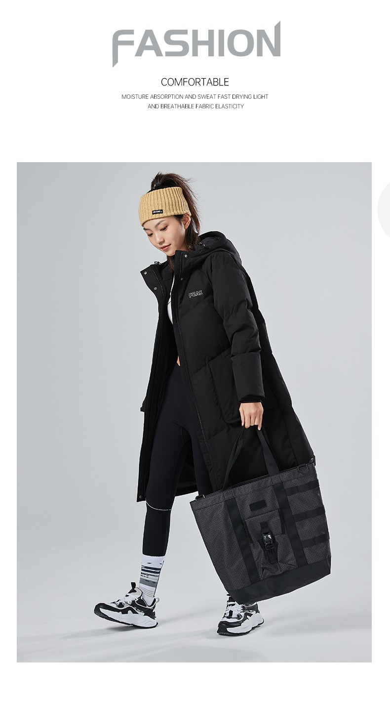 匹克连帽中长鸭绒羽绒服女士2021秋冬装新款保暖厚外套棉服女装黑色m