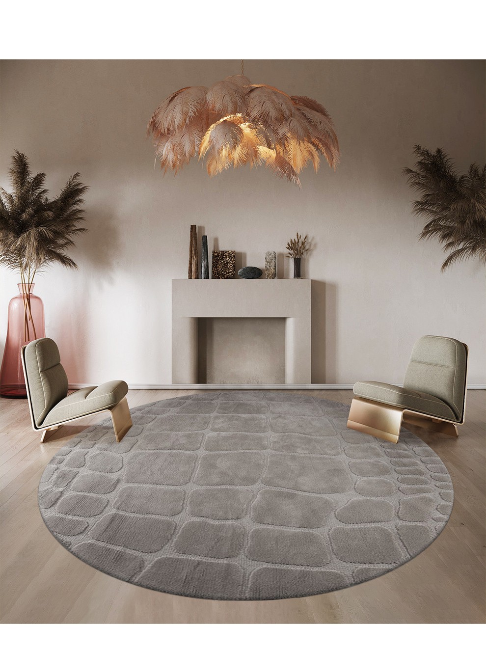 麦克罗伊纯色素色条纹意式轻奢ins风奶油色羊毛简约风圆形客厅地毯