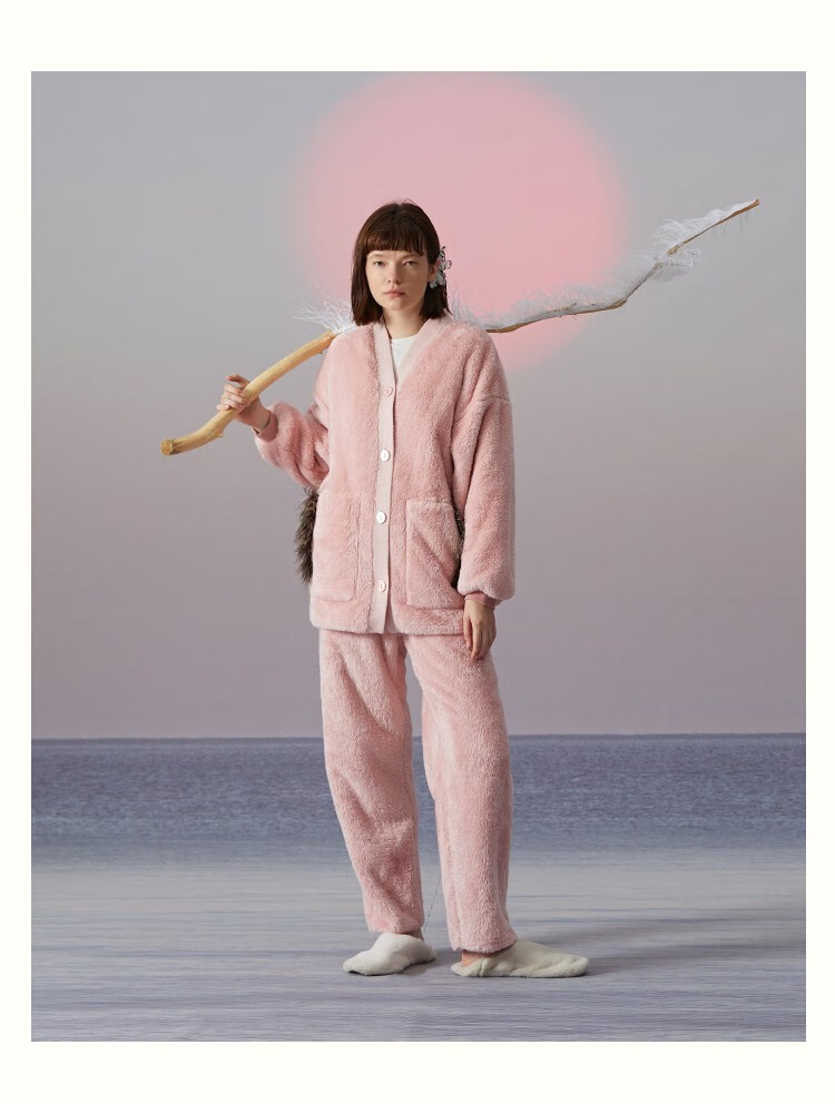 朵朵可可22冬季加厚珊瑚绒开衫长裤睡衣女家居服套装 粉色 155/80(s)