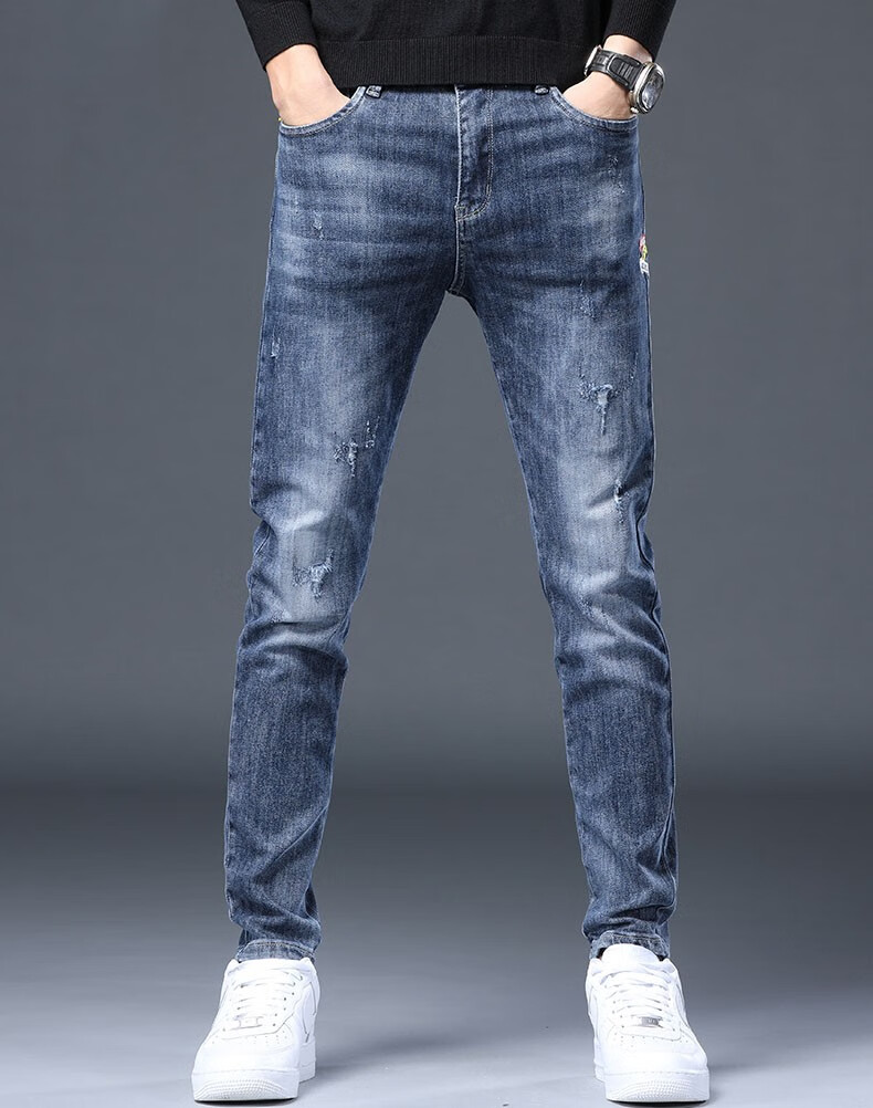 男士牛仔裤男2022春秋款修身小脚潮流直筒休闲长裤子mn6201深蓝色34