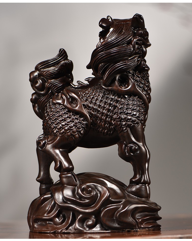 浣彩黑檀木雕刻麒麟摆件实木质一对家居客厅办公装饰品送礼红木工艺品