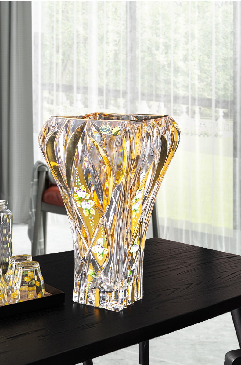 捷克进口bohemia捷克波西米亚水晶玻璃花瓶描金台面居家装饰花瓶金色
