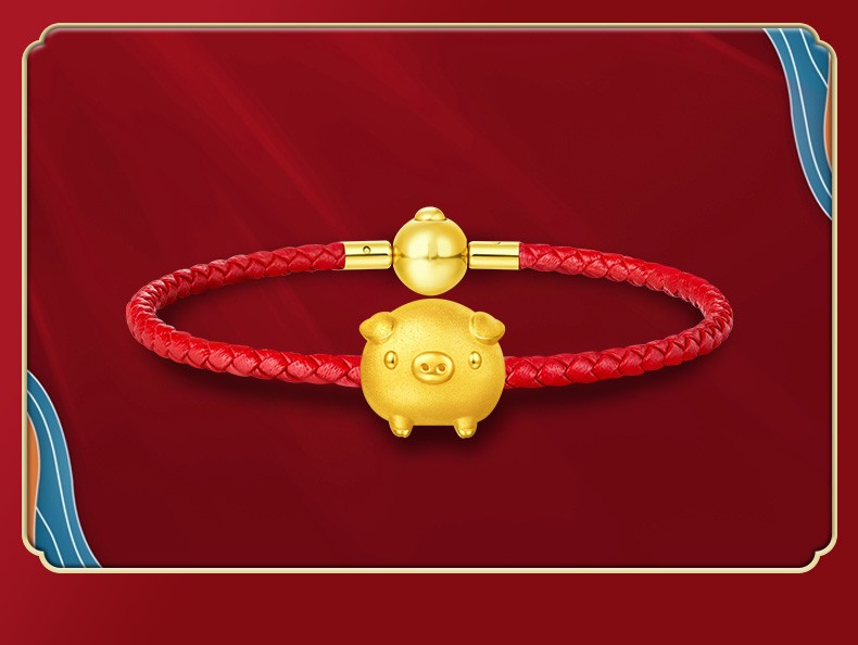 福笑999足金生肖猪手链女黄金飞天猪转运珠手串3d硬金本命年小金猪
