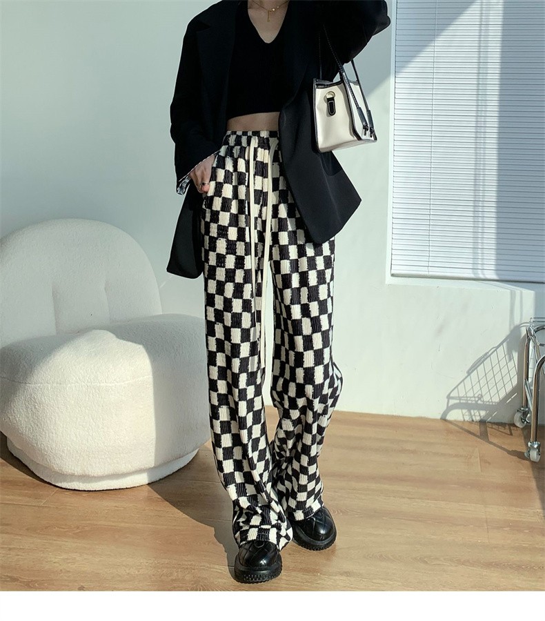 白鹿同款棋盘格裤子女2022春秋季新款显瘦休闲直筒裤宽松黑白格子垂感