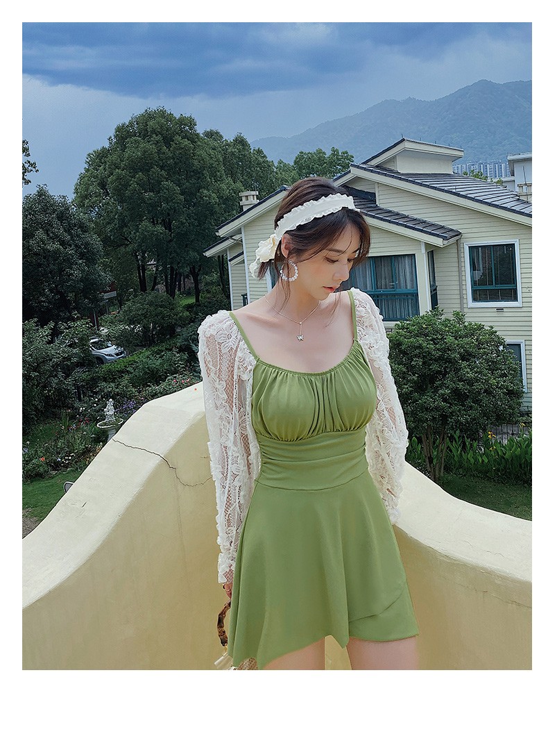 大码泳衣女新款连体长袖微胖mm遮肚显瘦小清新温泉泳装 绿色 xl【图片