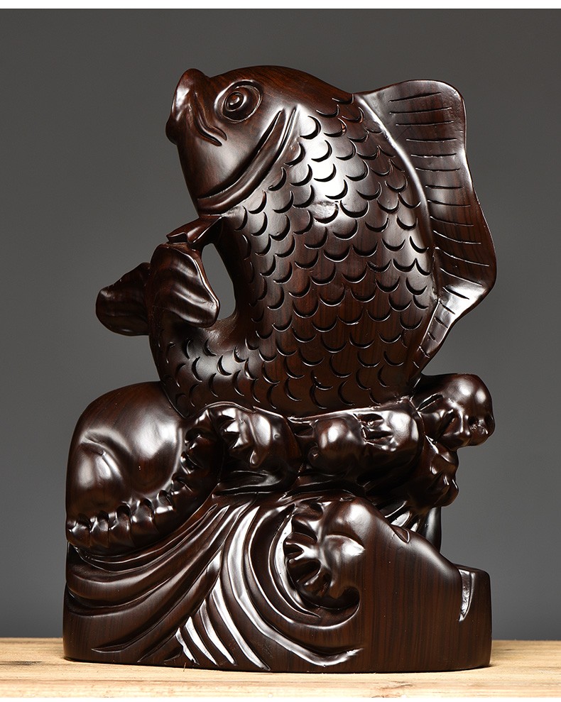 浣彩黑檀木雕鲤鱼摆件年年有鱼实木家居客厅公司装饰品红木工艺品送礼