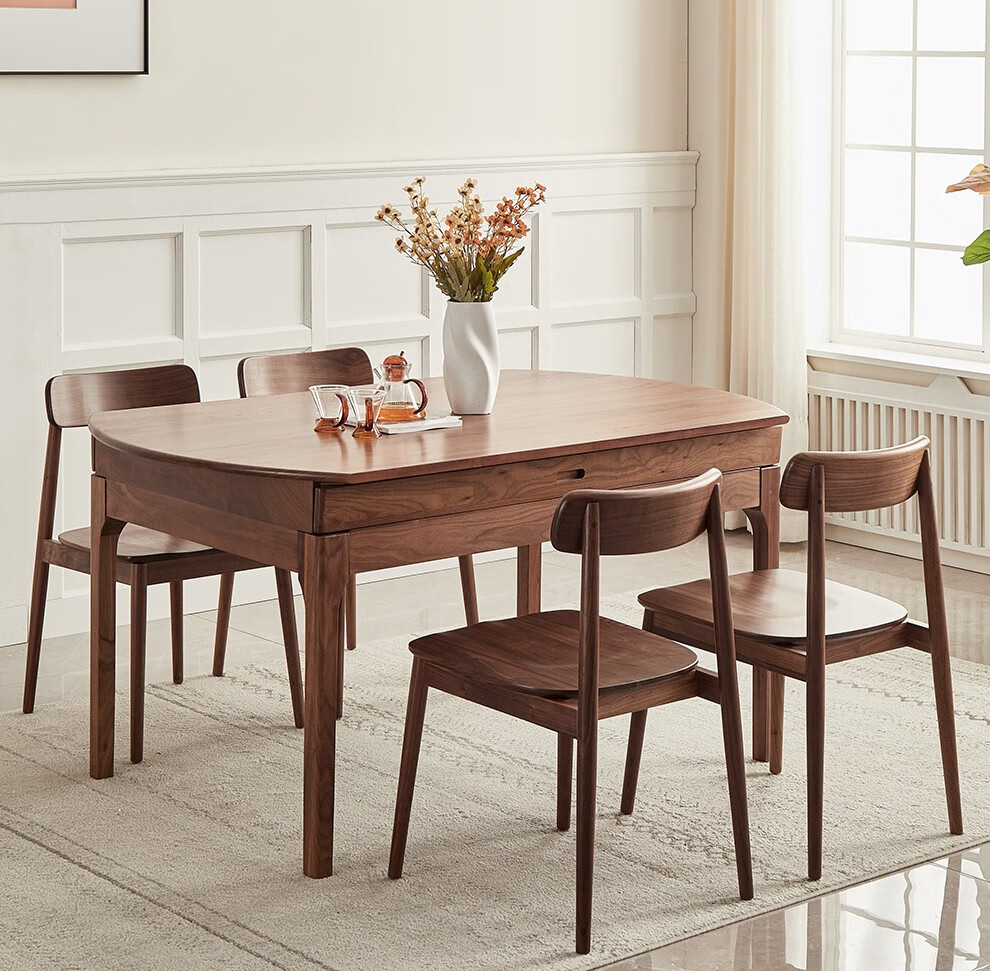 致典实木圆餐桌抽拉餐桌北美fas黑胡桃木长餐桌伸缩饭桌北欧家用吃饭