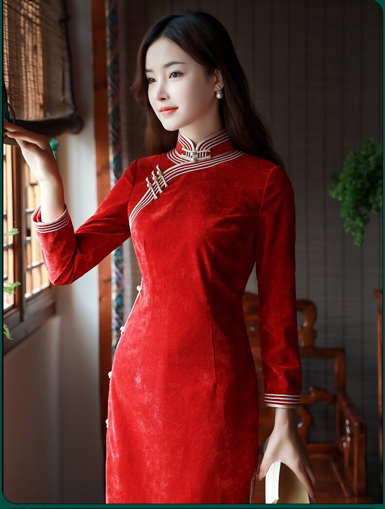 逸红颜槿玉旗袍2021秋冬新款中长款九分袖微弹双色绒条感灯芯绒面料