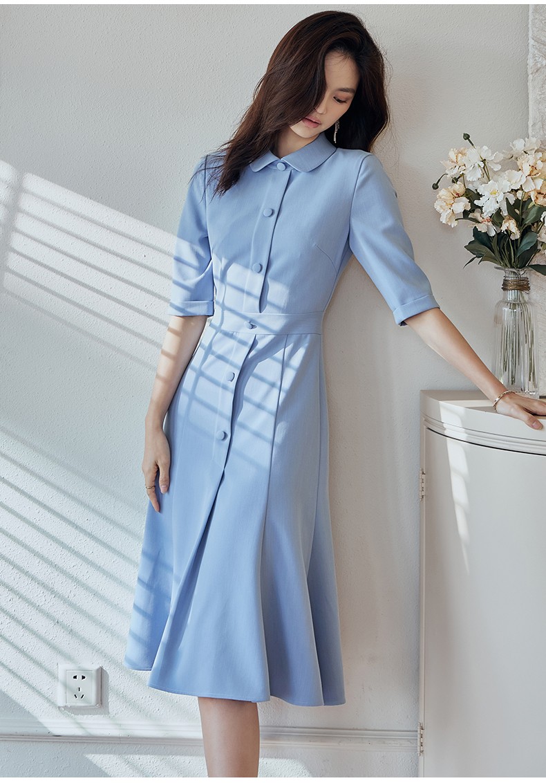 roeyshouse罗衣气质娃娃领连衣裙女2022夏装新款优雅浅蓝色收腰中长裙