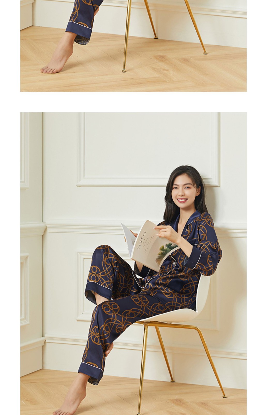 wensli万事利睡衣女真丝100桑蚕丝可外穿美肤气质时尚长袖睡衣女士