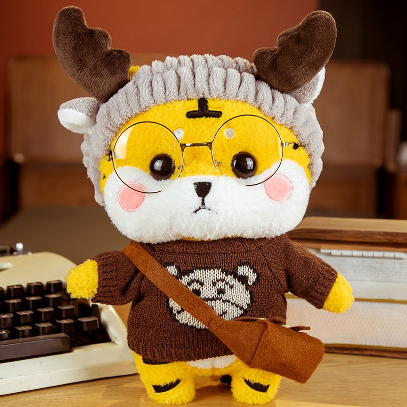 老虎毛绒玩具公司年会礼品定制采购批发可爱玩偶红色喜庆毛衣眼镜小姐