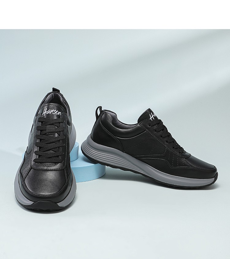 harson哈森男鞋男士休闲鞋春秋低帮牛皮厚底运动鞋轻便户外皮鞋 黑色