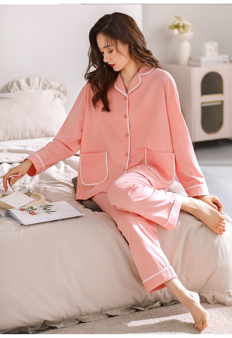 朗卡曼品牌睡衣女士春秋款棉长袖春季款女式简约休闲家居服加肥加大