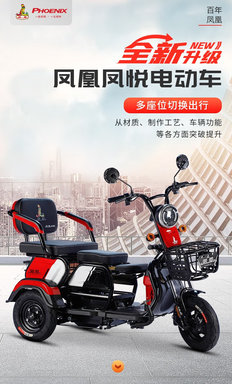 凤凰时尚小型电动三轮车家用接送孩子电池可提锂电铅酸小巧老人双座