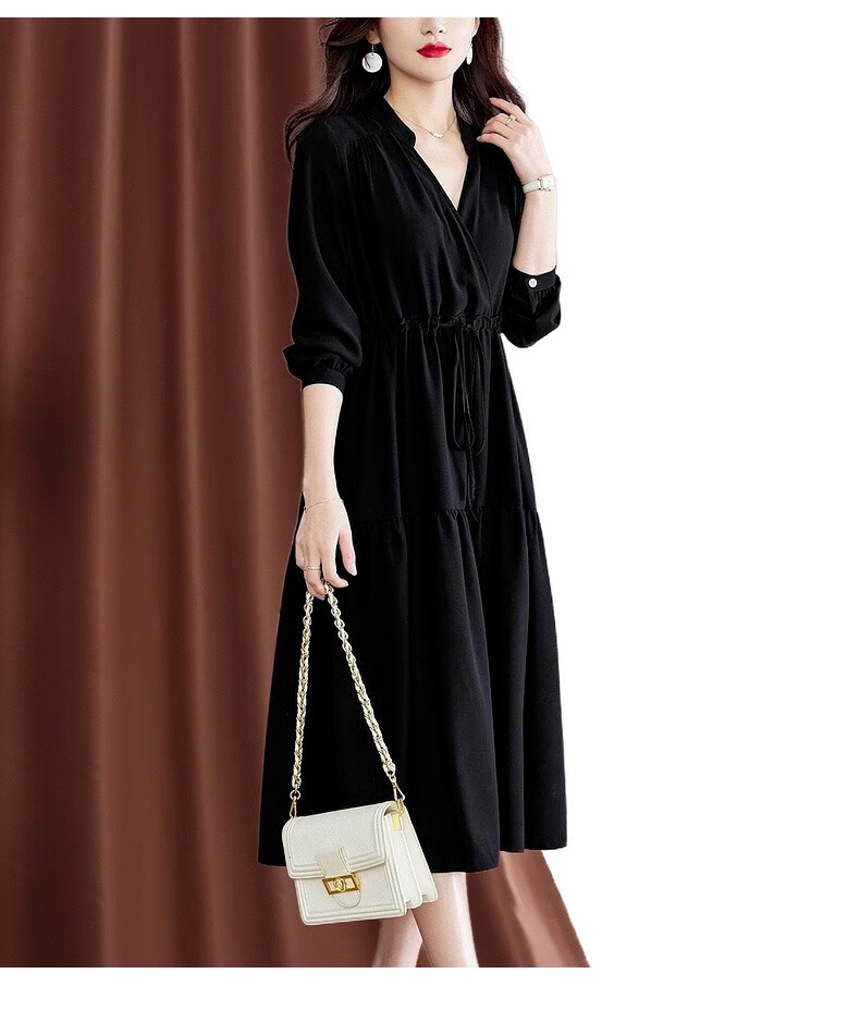 ctns轻奢品牌连衣裙女中长款2022年夏季新款气质黑色系带v领长袖显瘦