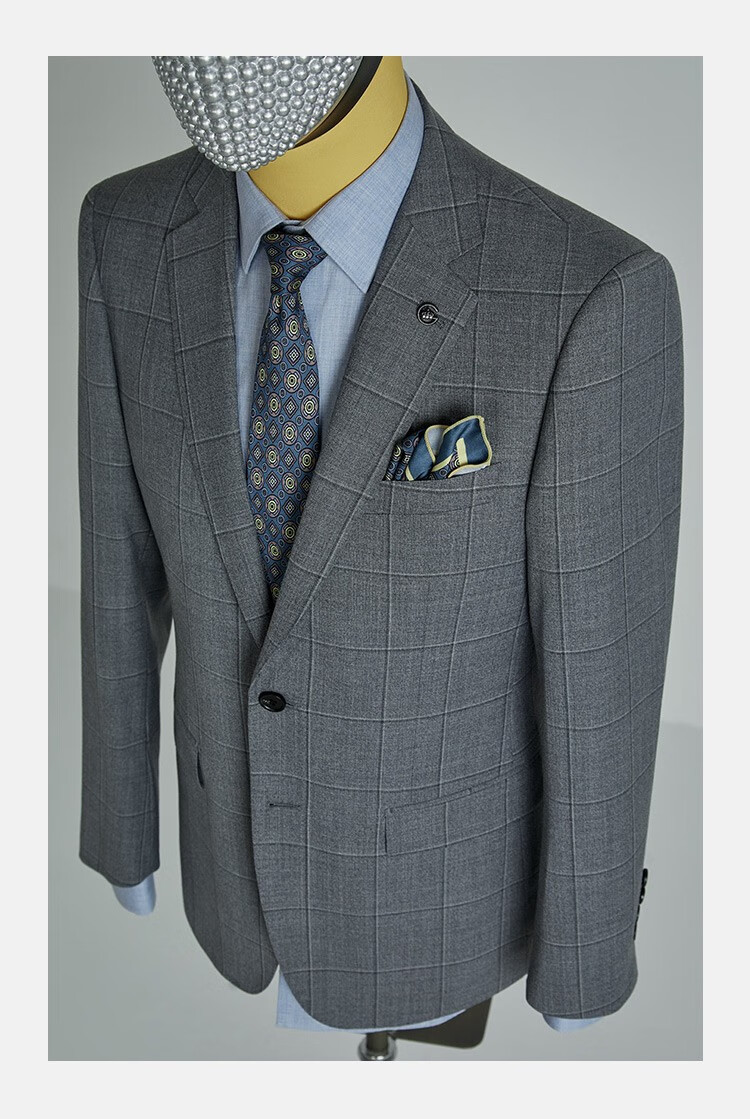 suitup休塔西服套装男灰色格子羊毛西装套装男结婚新郎礼服男士休闲