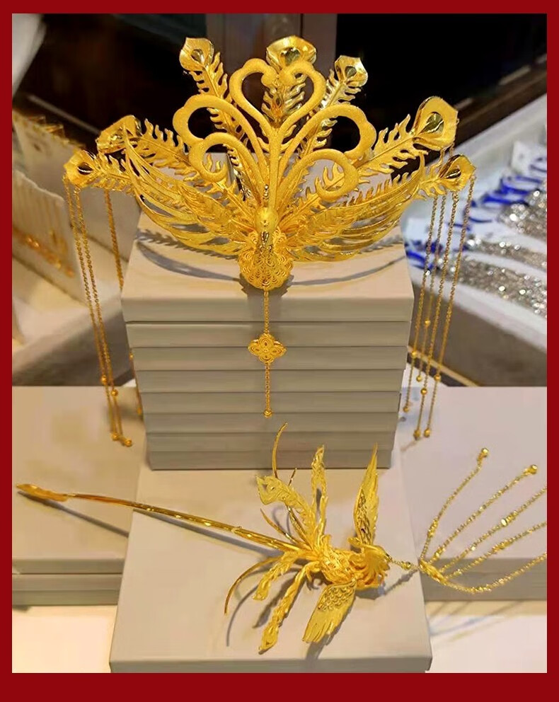 喜兆珠宝黄金凤钗凤冠足金999古法鎏金头饰复古婚新娘嫁婚礼凤凰发簪