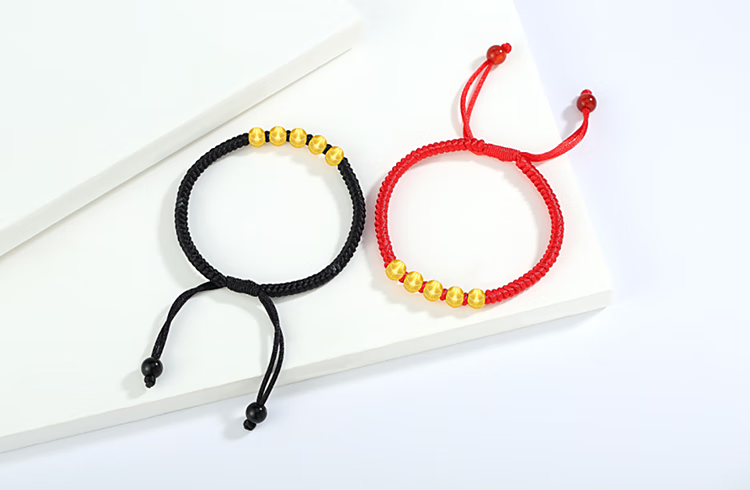 黄金转运珠手工编绳男女999足金猫眼小金珠情侣本命年红黑编绳手链丝