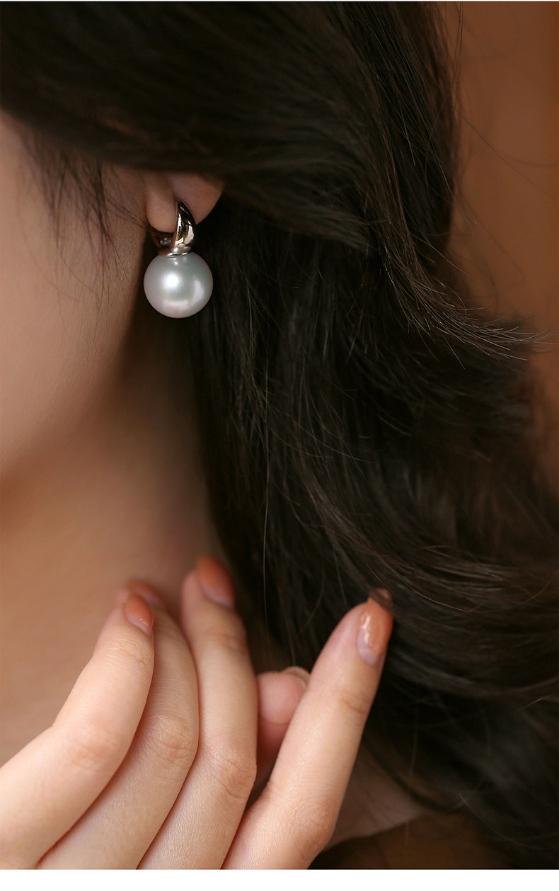 莫氏珠宝澳洲南洋海水白珍珠耳环18k光金厚金耳圈简约水桶款拼色正圆