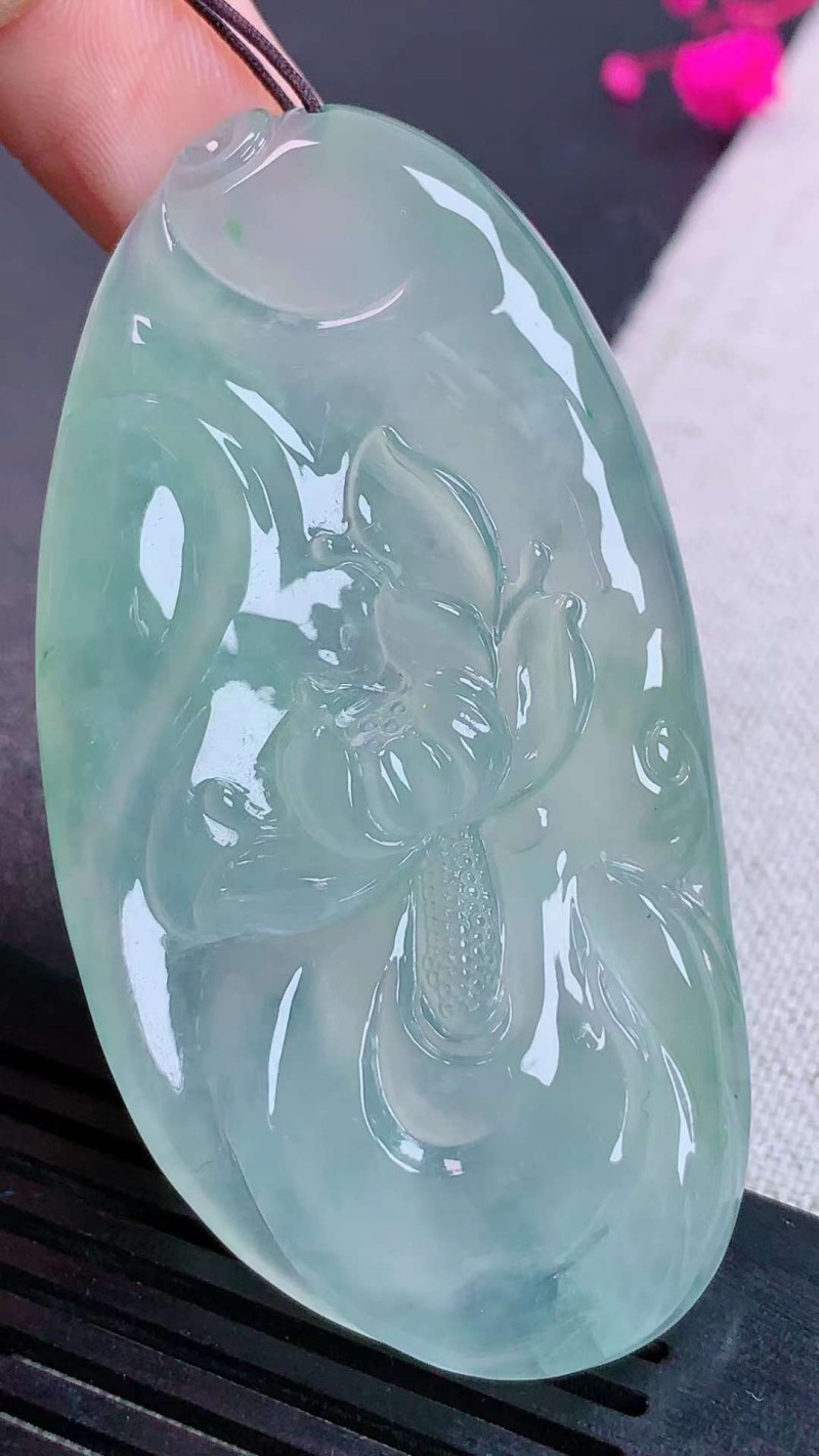 源头翡翠 高冰一品青莲吊坠 缅甸a货翡翠玉石挂件男士首饰项链收藏61.