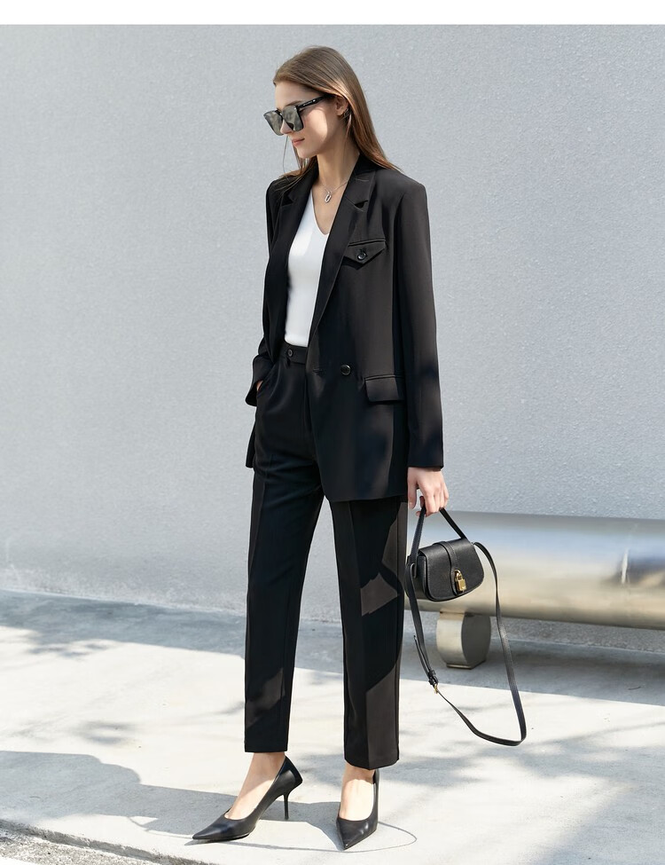 amii2022年春新款配腰带西装西裤女职业四面弹上衣九分裤套装黑色上衣