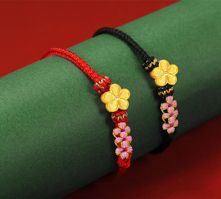 凤凰足金999黄金小桃花手链3d硬金转运珠本命年编织手绳网红同款手链