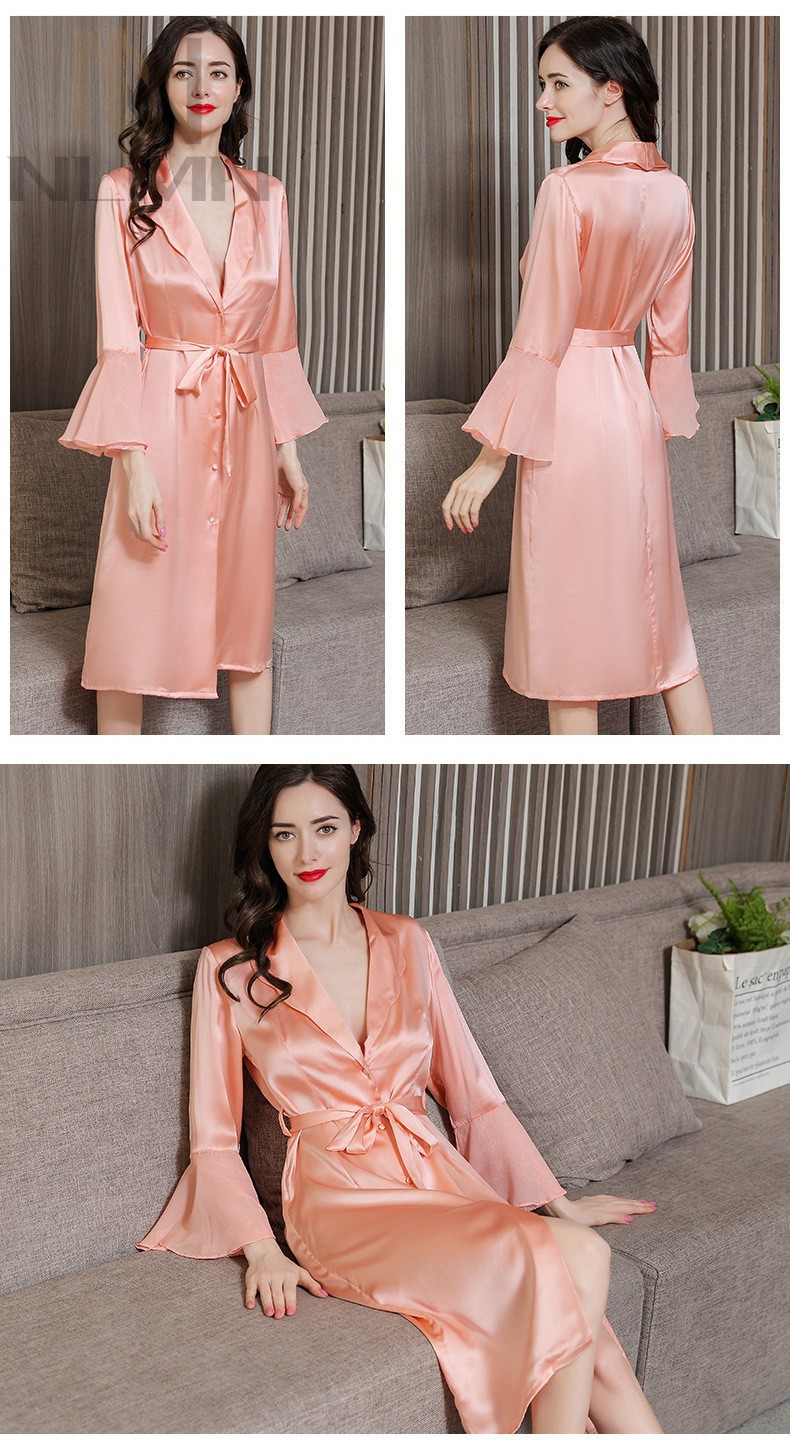 nlmn真丝睡袍女新款简约舒适桑蚕丝睡衣性感浴袍可外穿家居服粉色l