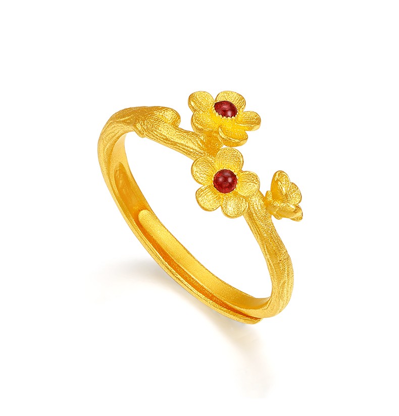 520礼物tsl谢瑞麟黄金戒指女款东方国色桃花系列古法金高温珐琅足金