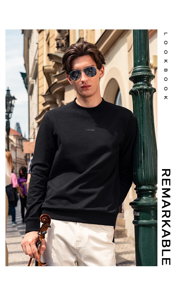 Mr. Bu Celebrity-Style Crew Neck Pullover Men's Sweatshirt, Autumn And Winter Long-Sleeve T-Shirt, Base Layer Top, Yan Yan Black, 2XL(185) 8