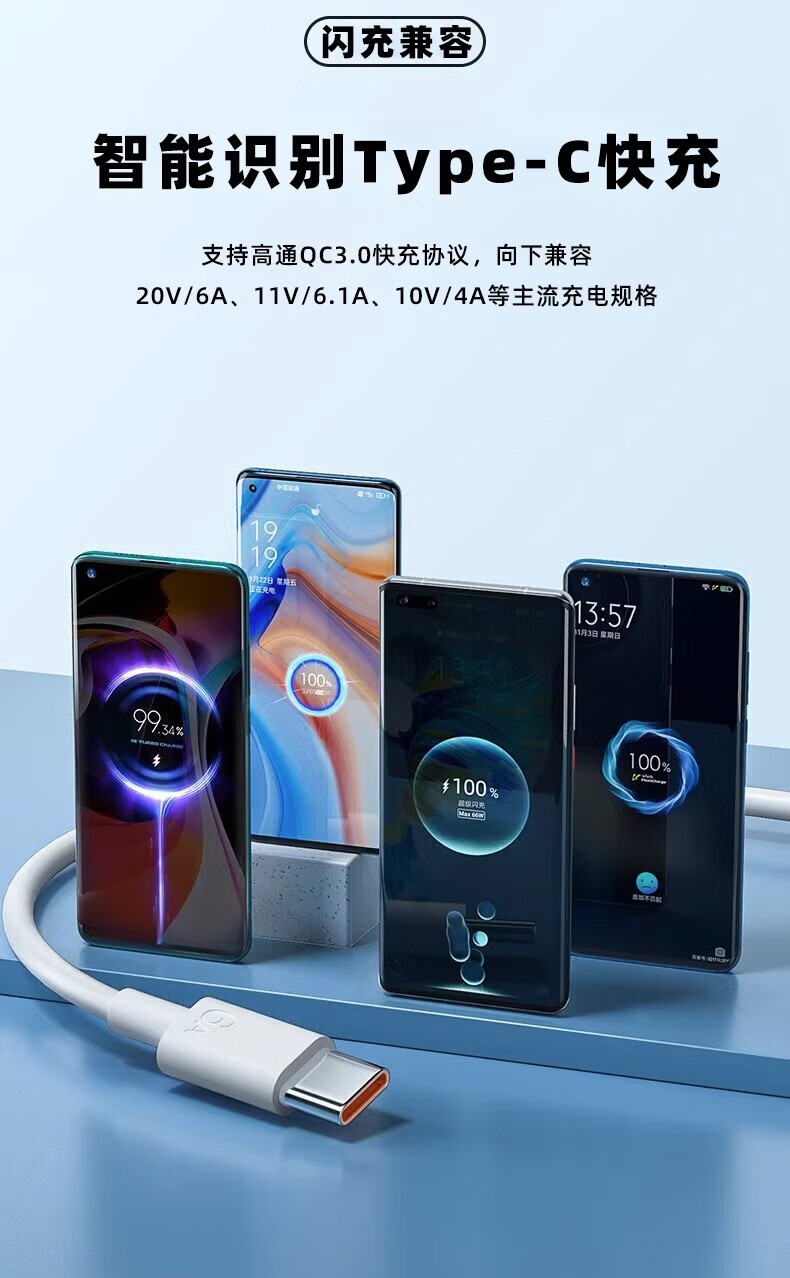 怪电猫适用66w充电器头超级快充套装6a数据线typec快充充电头适用华为
