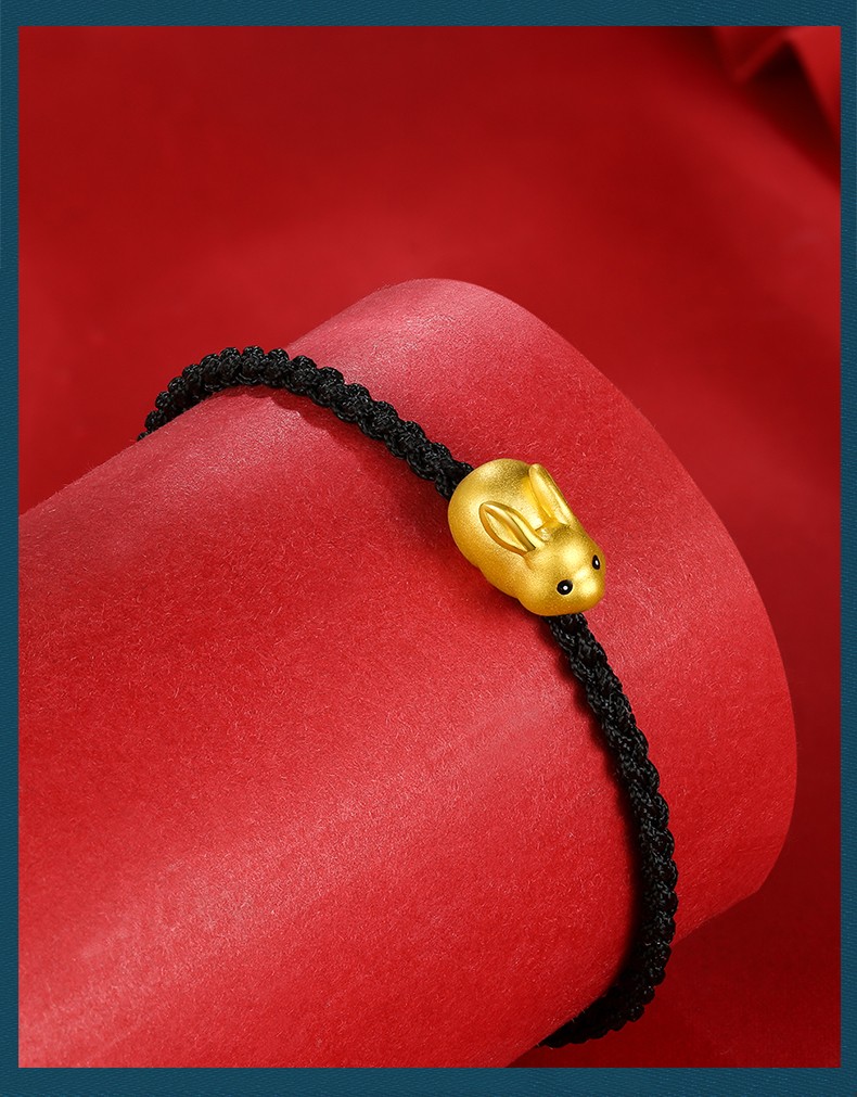 御龙镜999足金兔子黄金手链女编织绳手绳十二生肖兔可爱小兔子转运珠