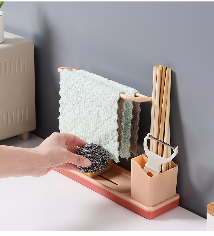 厨房免打孔抹布架台面收纳架子置物架多功能壁挂沥水架百洁布挂 蓝白